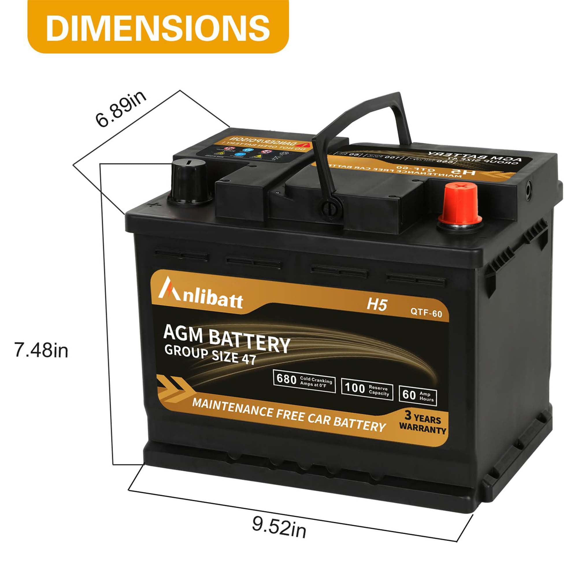 Anlibatt Platinum AGM Group 47 Battery, 12 Volt Rechargeable Automotive Batteries for Car, H5 680CCA 60Ah 100RC