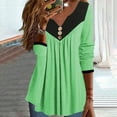 thumbnail image 1 of DPTALR Women Long Sleeved V-neck Button Pleated Top Multi Color Patchwork Top T-shirt, 1 of 6