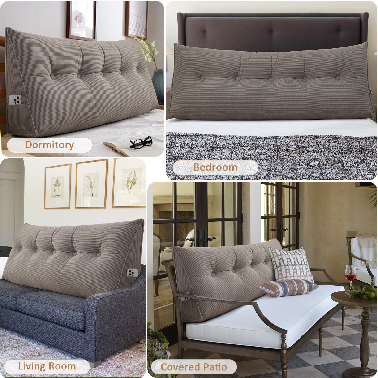 ANMINY Bed Wedge Pillow for Headboard Gap Reading Lumbar Back Rest Support Pillow for Bed Sofa Large Long Pillow with Side Pockets Removable Cover, 39"x20", Gray
