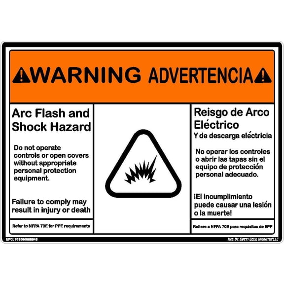 ANSI Warning Arc Flash Shock Hazard PPE Required Advertencia Bilingual Orange Black White Label Sticker Decal Made in USA 5 x 7