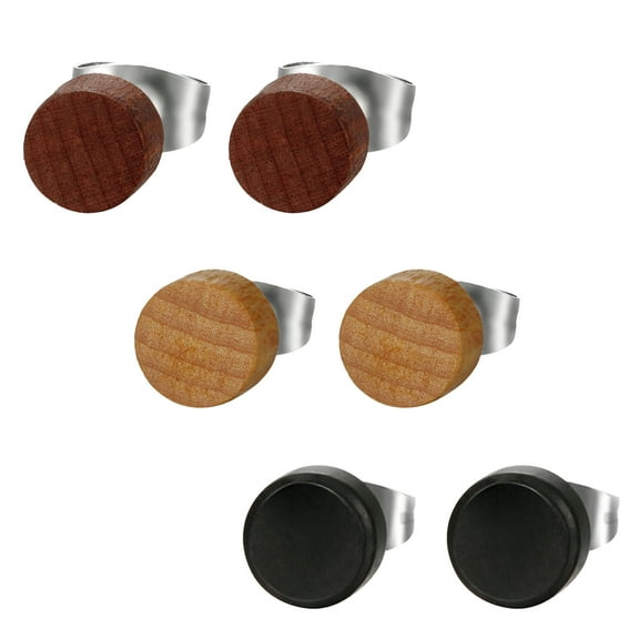 OIDEA 3 Pairs 8MM Stainless Steel Wood Stud Earrings Pierced Post Earring for Men Women