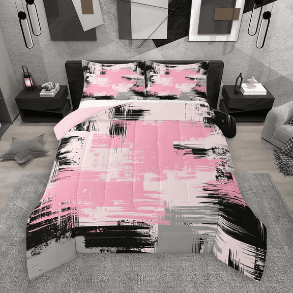 Manfei Pink Gray Black Ombre Bedding Comforter Set 2pcs, Abstract Oil Painting Twin Comforter Sets, Watercolor Gradient Bedding Set, Luxury Bedroom Decor