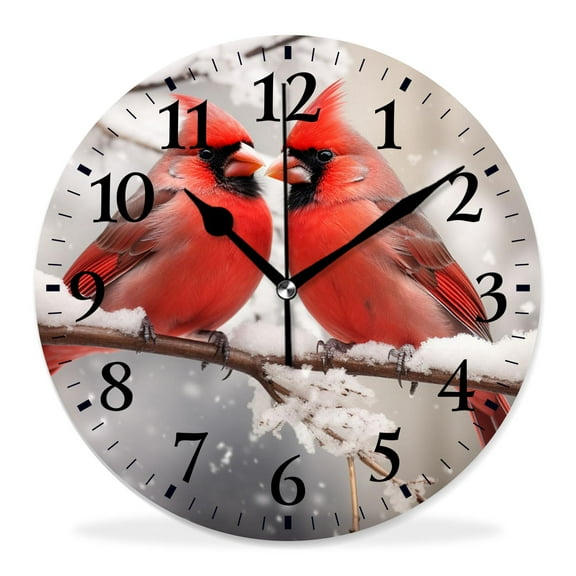 14 Inch Wall Clock Battery Operated Silent Clock Decorative for Office, Kitchen, Outdoor, Living Room,Winter Red Color Birds Multicolor