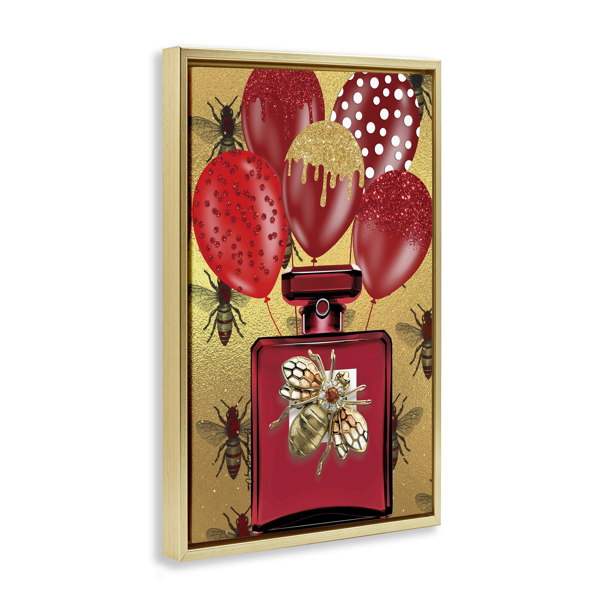 Stupell Industries Glam Red Bee Perfume Fashion Painting Gold Floater Framed Canvas Art Print Wall Art, 17 x 25