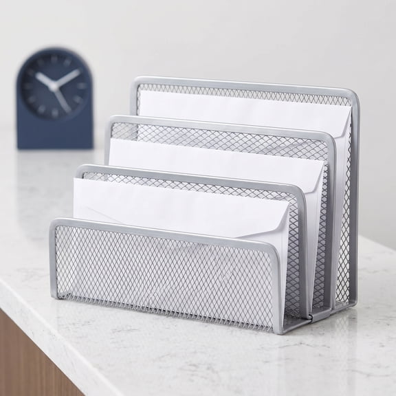 Mail Holder Countertop, Silver Metal Mesh Mail Organizer for Desk – Letter/Magazine Slots, File & Bill Compartments, Countertop Sorter