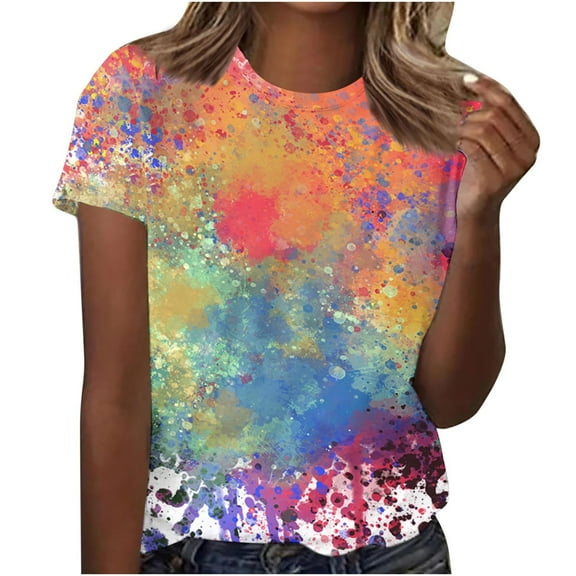 Women Shirts Short Sleeve Round Neck Printed Basic Going Out T-Shirts 2025 Pullover Basic Tops (S, Multicolor)