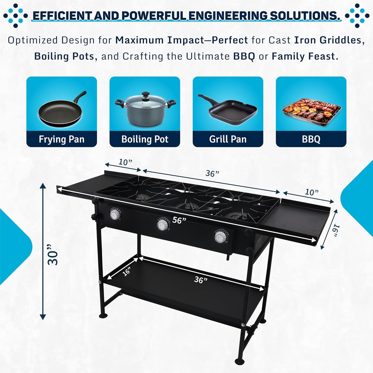 SONRET - Three Burner Propane Camping Stove - with Dual Side & Adjustable Bottom Shelf