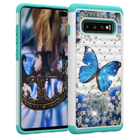 Galaxy S10 Plus Case,Samsung Galaxy S10+ Case, Allytech Tough Dual Layer 2 in 1 Rugged Rubber Hybrid Hard PC Soft TPU Impact Back Protective Cover Coloured Drawing with Bling Diamond, Blue Butterfly