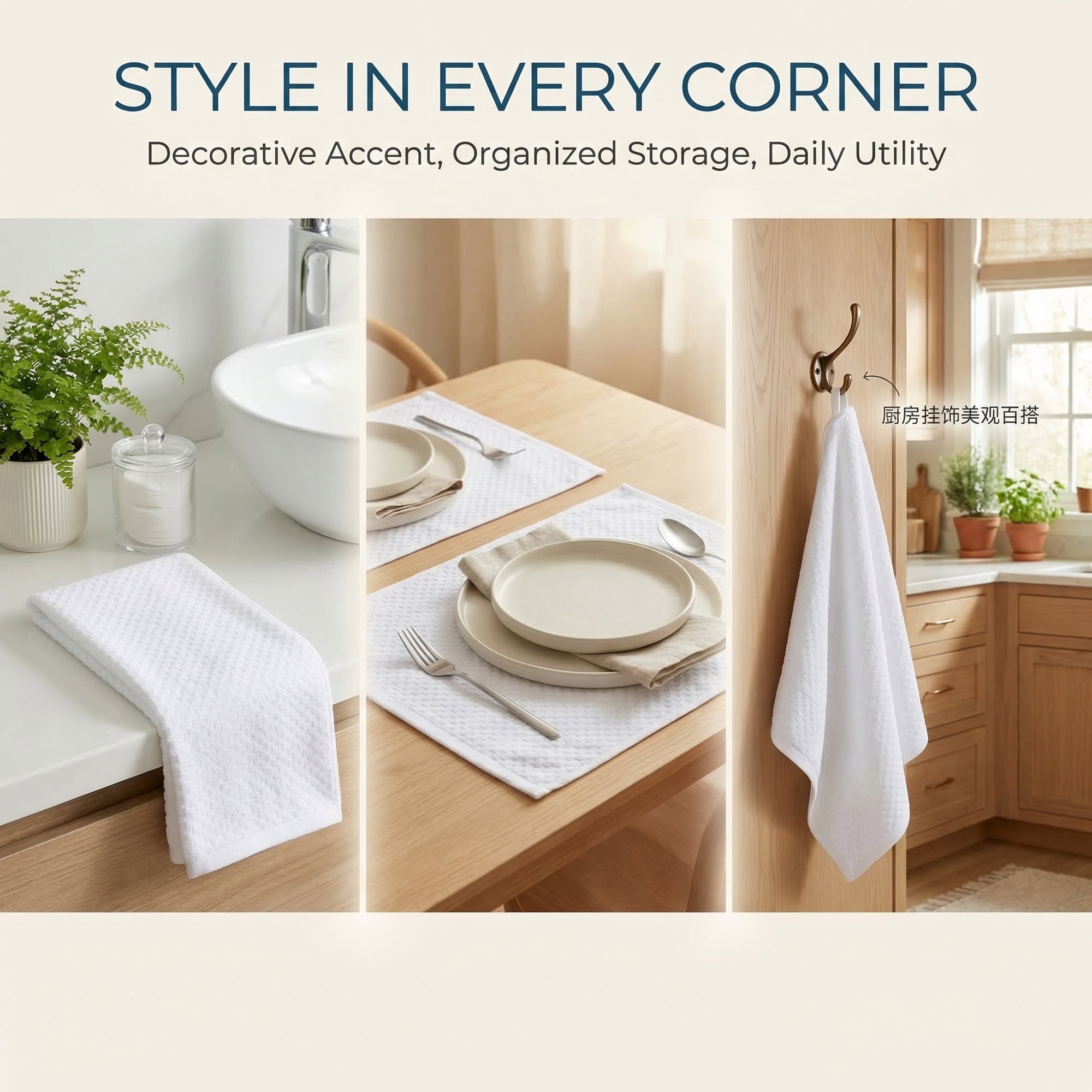 Unique Bargains 2Pcs 100% Pure Cotton Solid Soft Absorbent Kitchen Towels White 25" x 15"