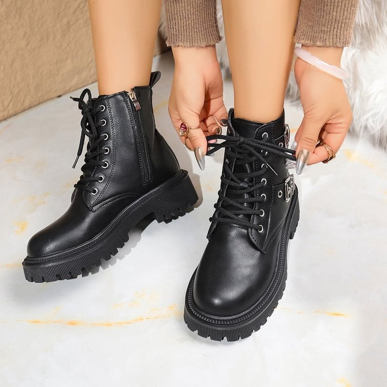 Women's Leather Boots with Side Zipper Fashion Buckle Straps