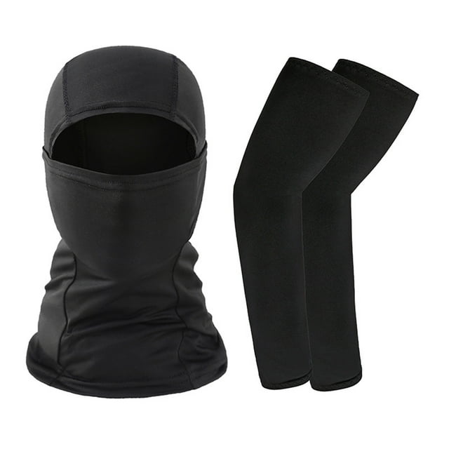 Ensemble Estival de Manchons de Bras pour Femmes et Hommes, Comprenant un Couvre-Visage Noir Respirant avec des Trous pour Lunettes et une Paire de Longs Manchons de Bras Noirs. Fait de 92 % polyester et 8 % Élasthanne, Ces Accessoires Offrent une protection UV, un Effet Rafraîchissant et une absorption de l'Humidité. Convient aux Activités de Plein Air comme le Vélo, la Course, la Pêche et le camping.