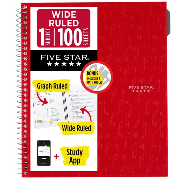 Five Star Math Notebook With Study App, Tools, 1 Subject, Wide Ruled, Fire Red, 100 Sheets