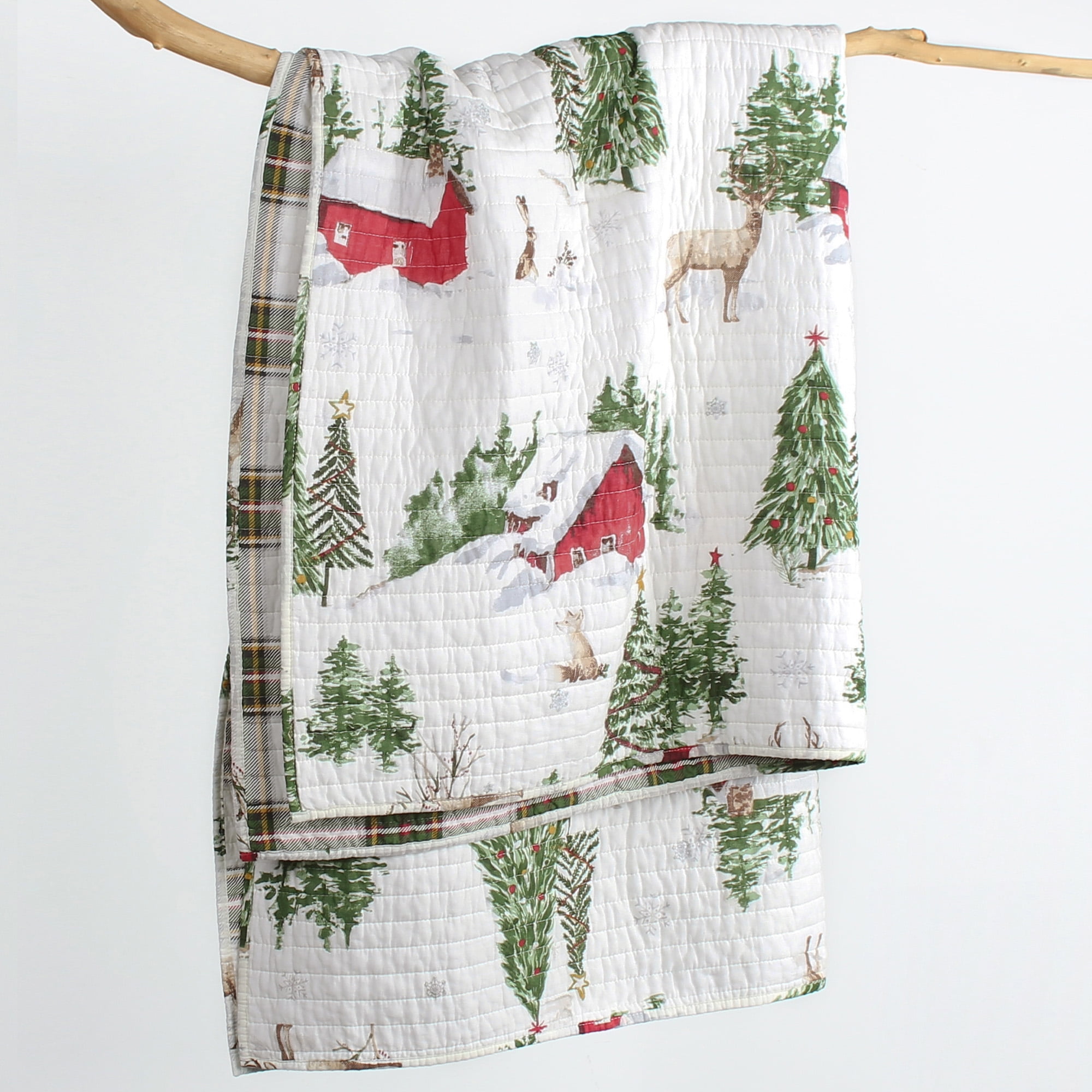 Levtex Home Überwurf „Tatum Pines“ – Weihnachtshütten-Design, Gesteppt, Aus Baumwolle (127 X 152 Cm, Rot/grün/braun/weiß)