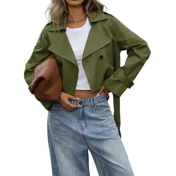 Womens Cropped Trench Coat Lapel Double Breasted Short Jacket Outwear Army Green XL