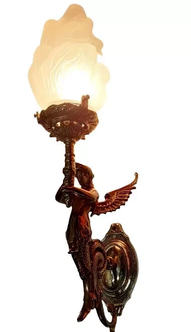 Pair of Vintage Art Nouveau Mermaid Wall Sconces – Antique Brass & Glass Light Fixtures