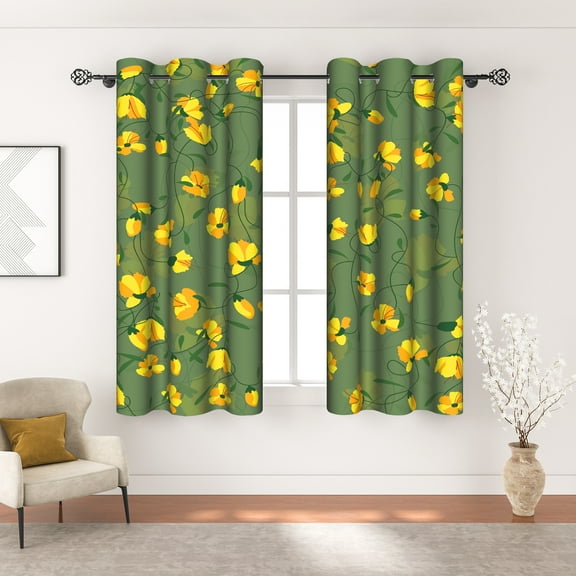 MIZHONA Country Green Blackout Curtain for Living Room Yellow Floral Window Curtain Set of 2,42"x63"