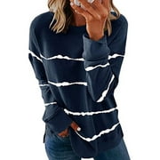 Womens Tops Clearance 2023 Fashion Solid Striped Tops for Women Casual Crewneck Sweatshirts Long Sleeve Loose Fall Winter Pullover Shirts