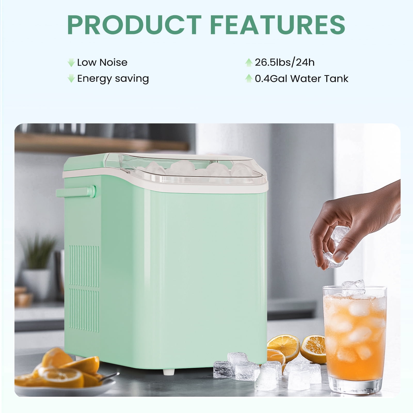 CONCETTA Countertop Ice Maker, Machine Self-Cleaning, 2 Sizes Bullet Ice, Portable Ice Machine with Ice Scoop, Basket and Handle, Green