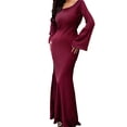 thumbnail image 3 of Maxi Dresses for Women Elegant Classy Fall Long Bell Sleeve Ruched Bodycon Fitted Cocktail Party Slit Dress Deep Red XS, 3 of 7