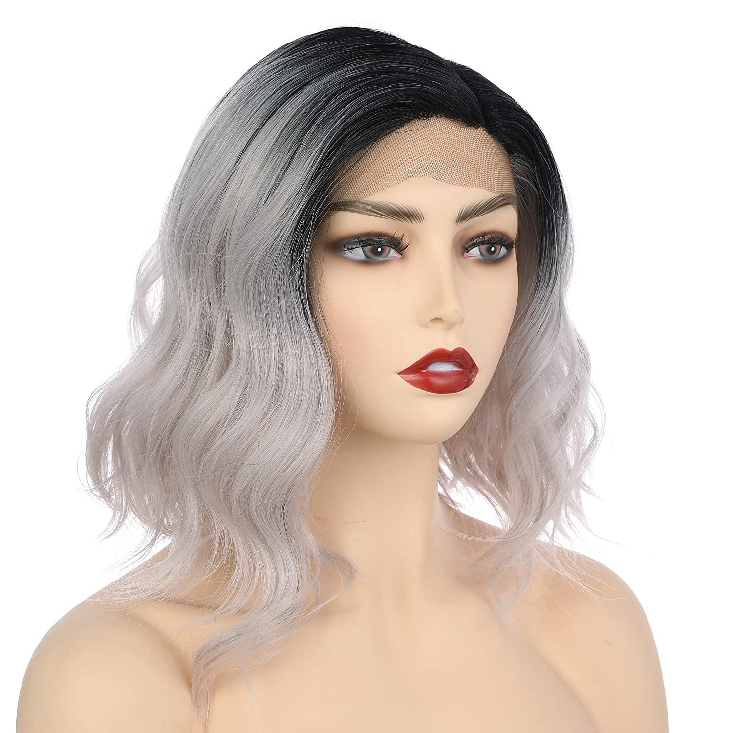 Onedor Side Part Lace Front Short Wavy Hair Bob Wigs for Women (Black Root Ombre Silver Grey)