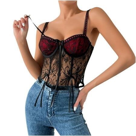 Oplxuo Sexy Corset Tops for Women Floral Lace Sheer Mesh Spaghetti Strap Cami Vest Going Out Party Club Shirts