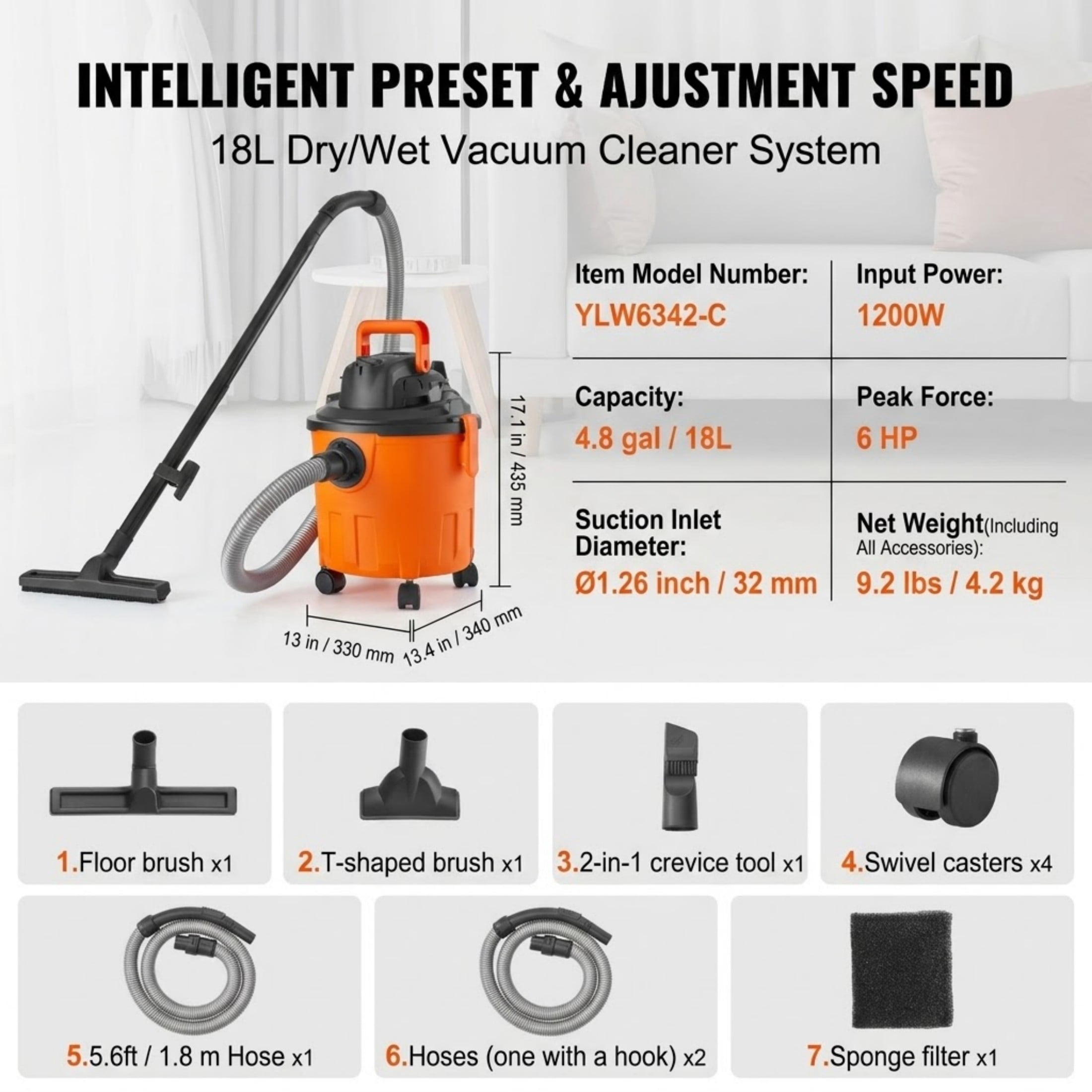 5 Gallon 6 Peak HP Shop Vacuum Wet and Dry, Portable Wet/Dry Vac with Blower Function & 2-in-1 Crevice Nozzle