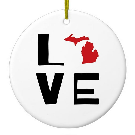 DistinctInk Hanging Ceramic Christmass Tree Ornament with Gold String - Great Gift / Present - 2 3/4 inch diameter - Michigan - Love Black & Red