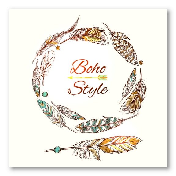 Designart ' Wreath Of Ethnic Beige Boho Feather ' Bohemian & Eclectic Canvas Wall Art Print