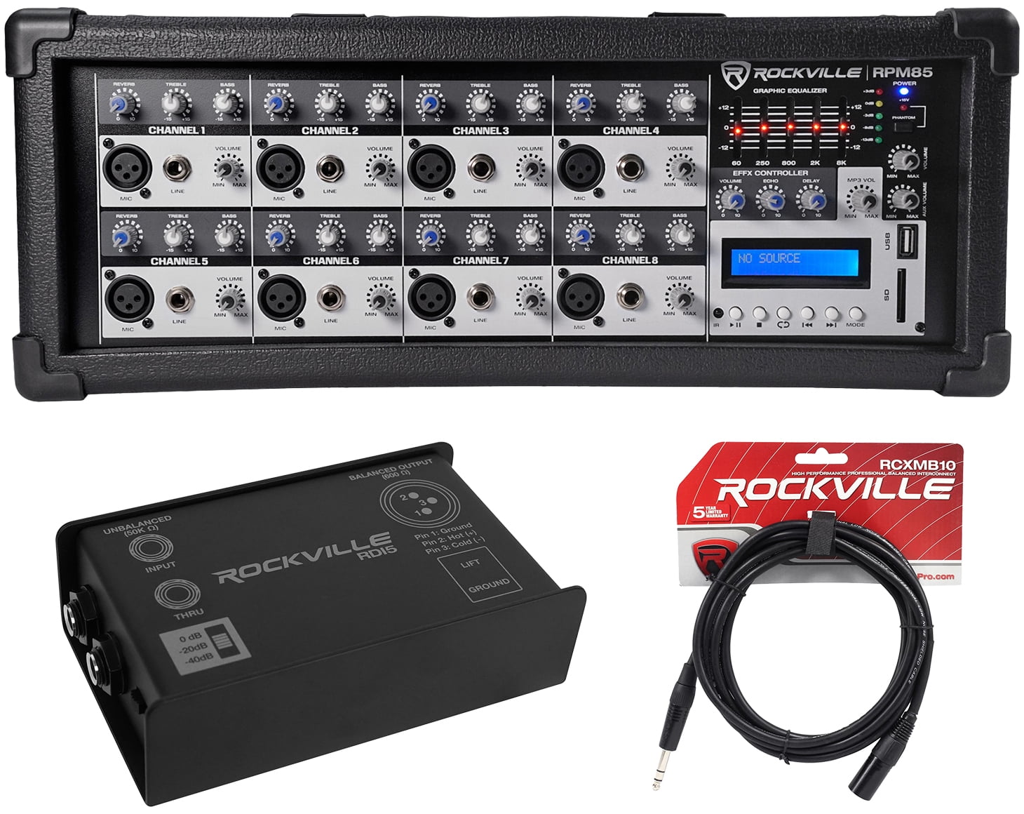 Rockville RPM85 2400w Powered 8 Channel Mixer/USB, Effects/Bluetooth+DI