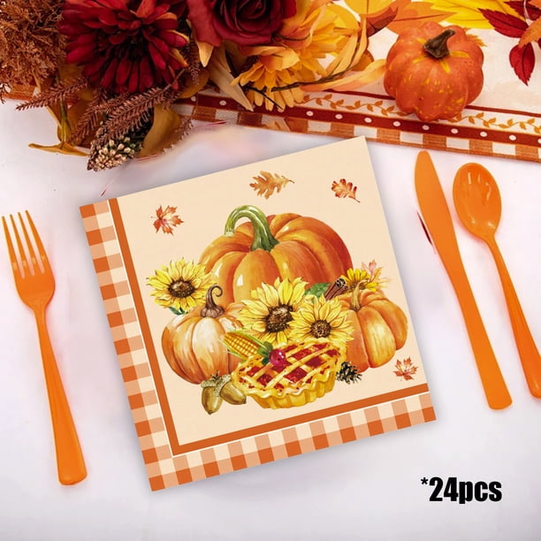 Set de servilletas de calabaza de otoño para Acción de Gracias | Diseño de hojas de arce otoñales | 24PCS Papel de cocina | Vajilla desechable multicolor | 6,5x6,5 pulgadas plegadas | Decoración de