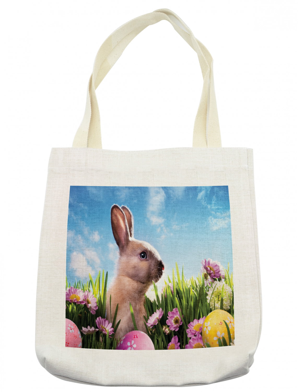12x15-10 Easter canvas messenger bag Blossoming Flowers with Colorful Painted Eggs and Fluffy Bunny Nature Photography canvas beach bag Multicolor