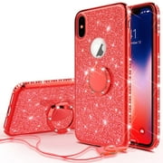 iPhone Xs / iPhone X Case, Cute Glitter for Girls Women w/Kickstand,Bling Diamond Rhinestone Bumper With Ring Stand Protective Sparkly Pink Apple iPhone X/Xs - Red