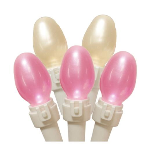 Set of 50 Warm White and Pink Satin C5 Christmas Lights White Wire