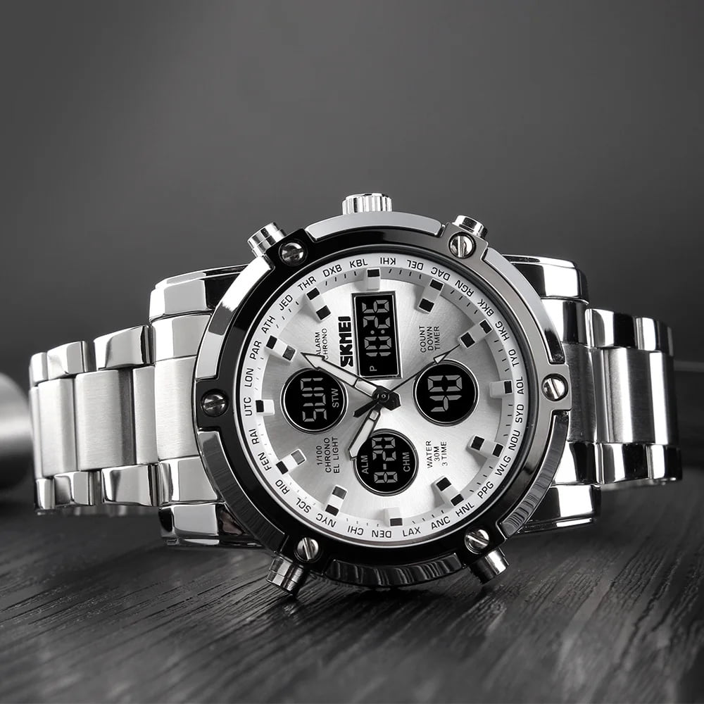 SKMEI Mens Wrist Watch, Waterproof Military Analog Digital Watches with LED Multi Time Chronograph, Stainless Steel Business Quartz Watches for Men