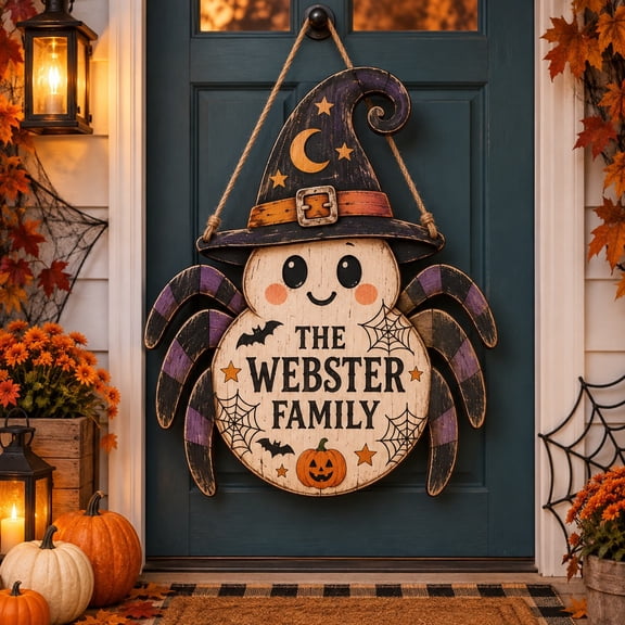 Wooden Sign Friendly Spider in Witch Hat, Front Door Hanging for Halloween