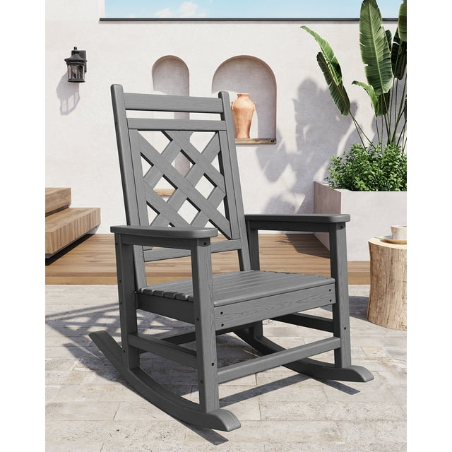 Edtara Weather Resistant Outdoor Rocking Chair, Hdpe Construction With Wood Texture Finish, 380 Lbs Support, Perfect Porch Rocker for Patio, Balcony, Backyard and Garden
