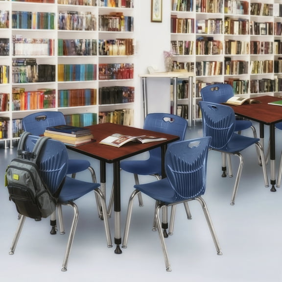 Regency Kee 36 in. Square Adjustable Classroom Table- Cherry & 4 Andy 18 in. Stack Chairs- Blue