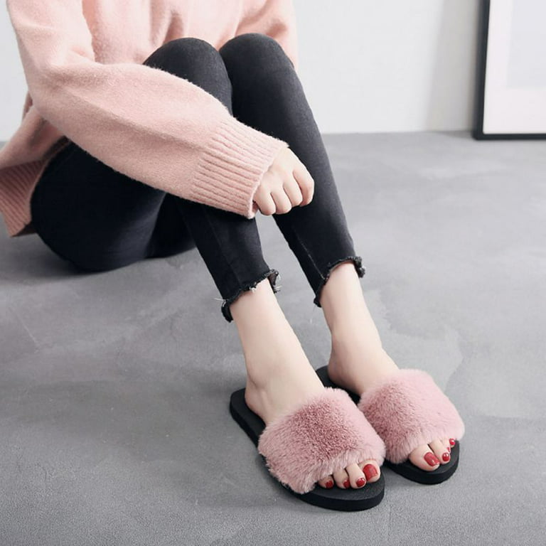 Women's Furry Slides Faux Fur Slides Fuzzy Slippers Fluffy Sandals Outdoor  Indoor 