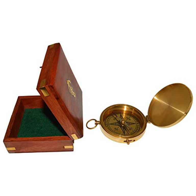 Large 4 Brass Compass with Rosewood Storage Box, Fully Functional Nautical  Pirate Cosplay Costume Decoration 