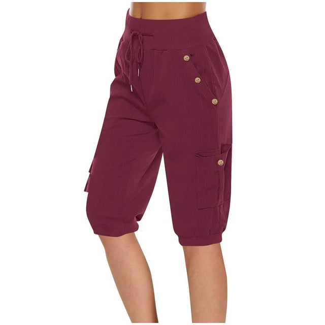 BRGZLK Womens Capris Shorts Summer Solid Color Button Elastic Waist Drawstring Short Pants for Casual Walking Exercise Shorts with Pockets Fashion 2025 Red XL
