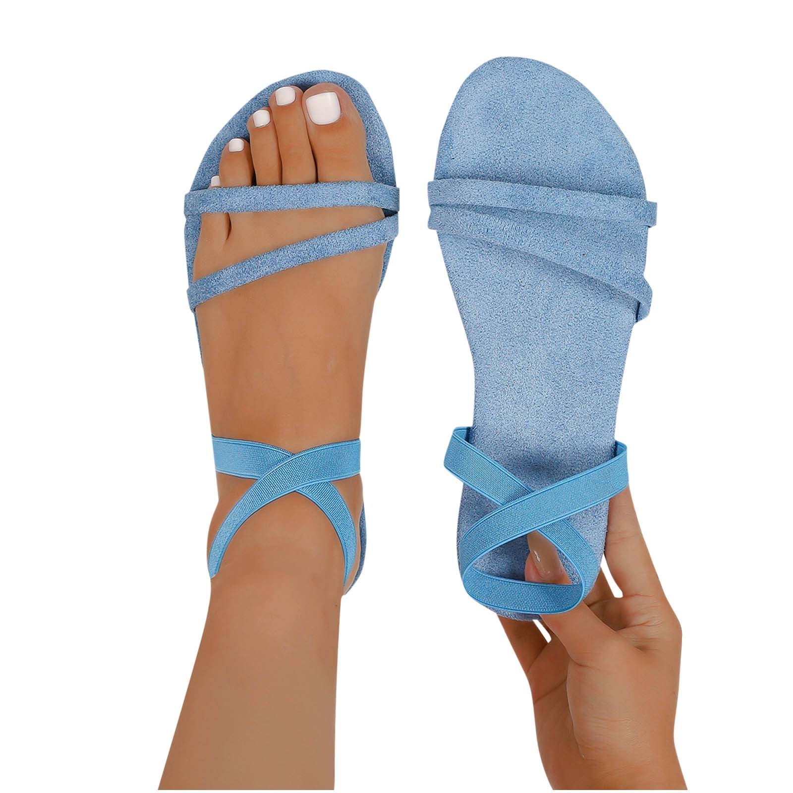 Flat Sandals for Women Ankle Elastic Strap Slip on Suede Open Toe