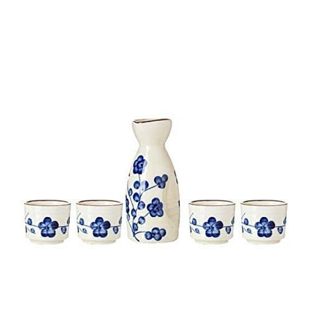 

TJ Global 5-Piece Sake Set Durable Ceramic Japanese Sake Set with 1 Carafe/Decanter/Tokkuri Bottle and 4 Ochoko cups for Hot or Cold Sake at Home or Restaurant - White with Blue Flowers