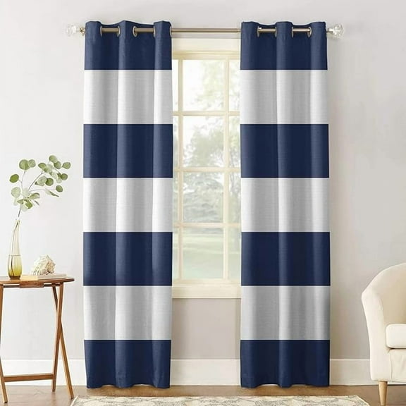 Navy Blue And White Horizontal Stripes Blackout Curtains, 3D Printed Drapes, Window Curtains, Grommet Thermal Insulated Window Curtain For Bedroom Living Room Windows 26"W x 45"L (Pack of 2)