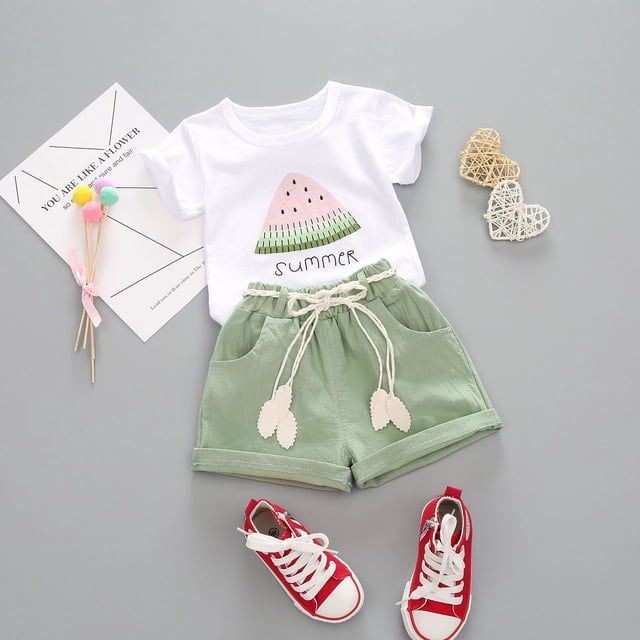 Ropa para niñas pequeñas, camiseta de sandía + pantalones cortos de lino con cinturón, bonito conjunto corto de verano brillar Electrónica