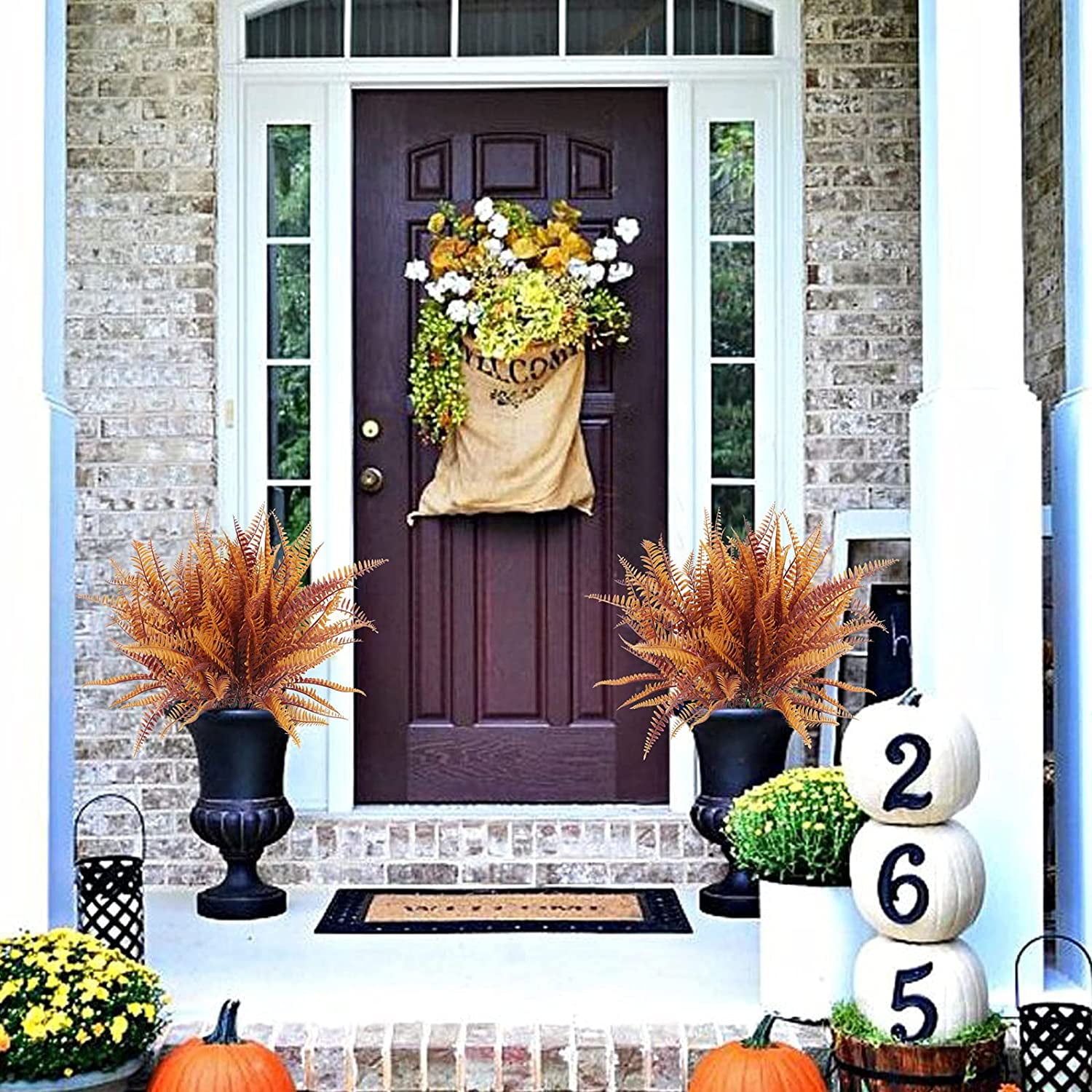 Morttic 4Pack Artificial Fall Boston Fern Plants Vines Fake Bundles UV Resistant Shrubs Plant for Autumn Thanksgiving Indoor Outdoor Home Decoration