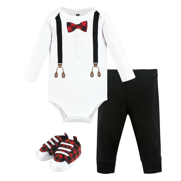 Hudson Baby Infant Boy Cotton Bodysuit, Pant and Shoe Set, Buffalo Plaid Bow Tie, 0-3 Months