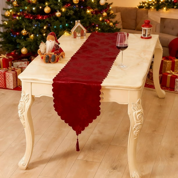 Camino de mesa navideño para cenas festivas | Mantel de poliéster blanco y rojo de 180 x 33 cm | Decoración festiva antiarrugas para comidas y reuniones navideñas