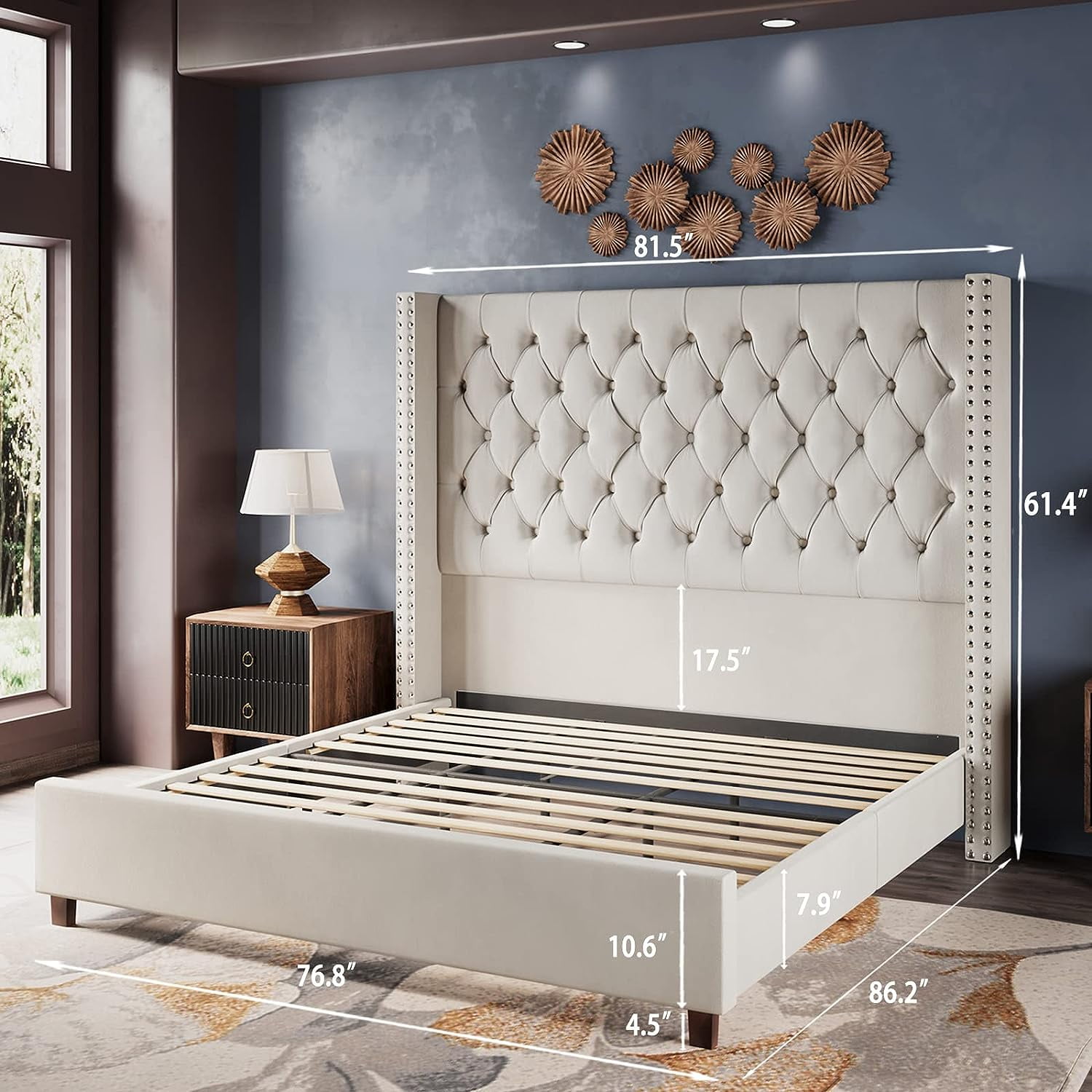 Merluxy King Bed Frame 61.4" Tall Headbord with Deep Button Tufting and Velvet Upholstered,Cream
