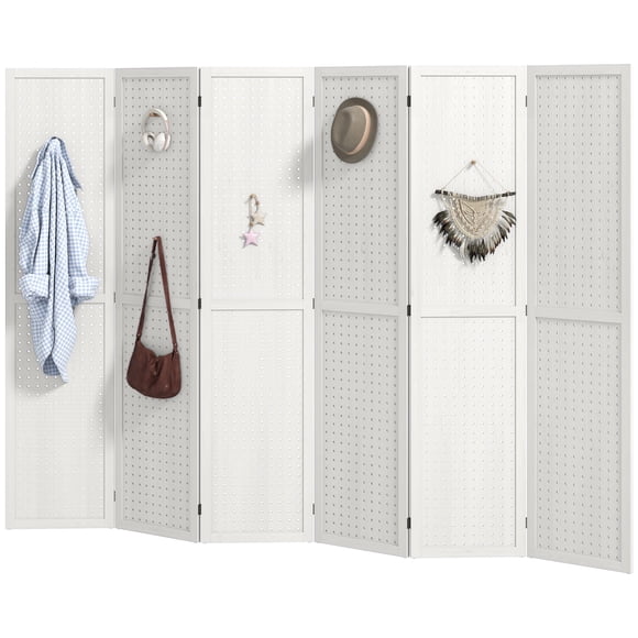 6-Panel Paulownia Wood Room Divider, White Pegboard Privacy Screen, 94.5" W x 66.9" H Folding Partition Wall for Living Room, Bedroom, Office, and Home Decor Storage Display