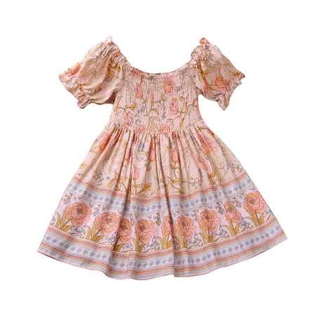 

B91xZ Girls Party Dresses Girl s Casual Dress Summer Scoop Neck Short Sleeves Floral Flowy Print Plain Sundress Dress Red Sizes 5-6 Years